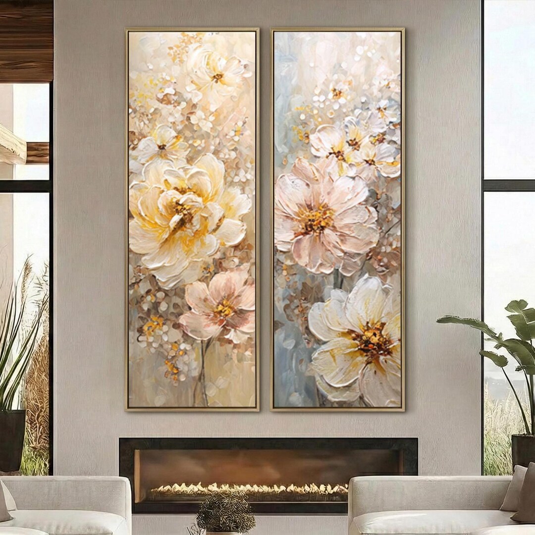Set of 2 Beige White Flower Texture Wall Art Painting on Canvas Living ...