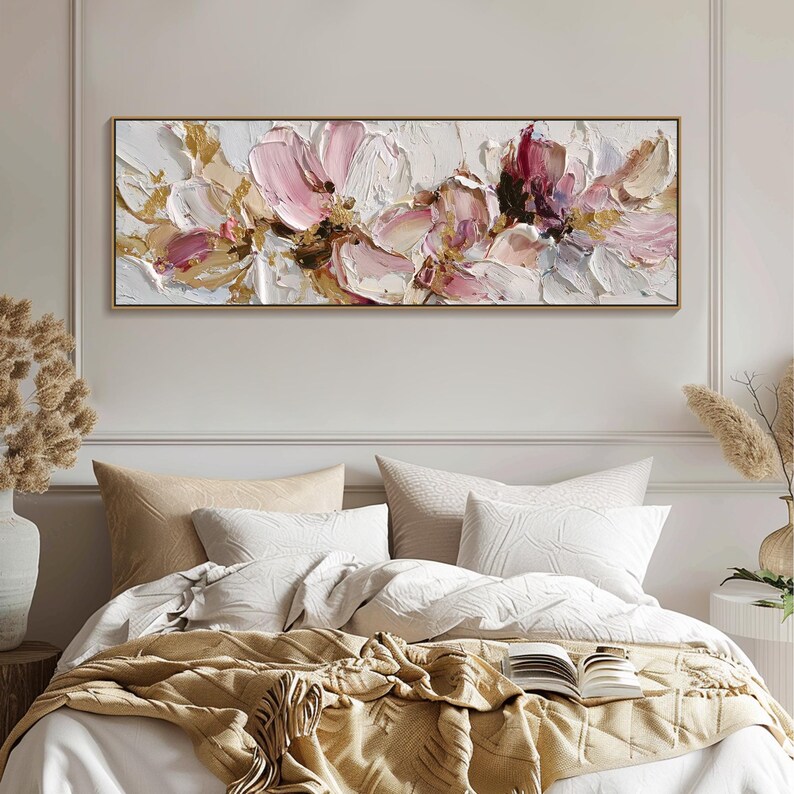 3D Pink White Floral Textured Wall Art Large Abstract Flower Oil ...