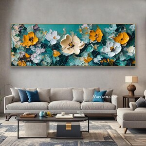 May include: Abstract painting of white and yellow flowers on a teal background. The painting is done in a thick, textured style, giving it a three-dimensional look.