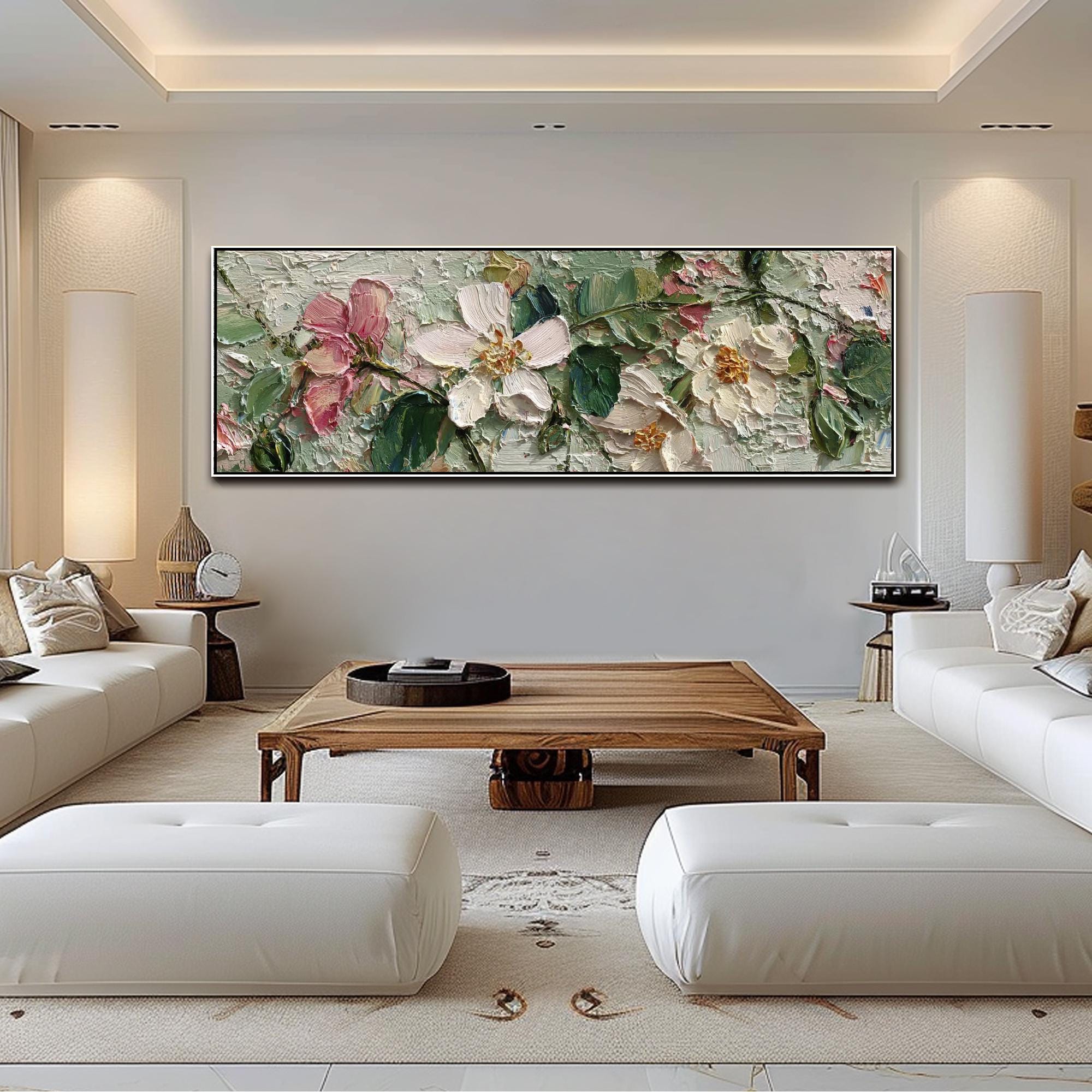 Pink White Floral Textured Wall Art Large Wildflower Oil Painting on ...