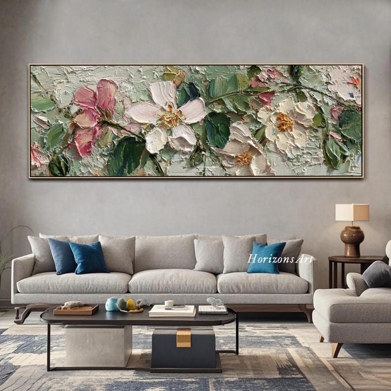 Pink White Floral Textured Wall Art Large Wildflower Oil Painting on ...