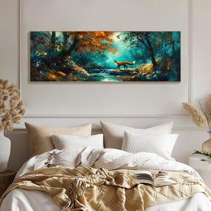 May include: A painting of a fox walking through a woodland with a stream in the foreground. The woodland is a mix of green and brown trees with a bright blue sky in the background.
