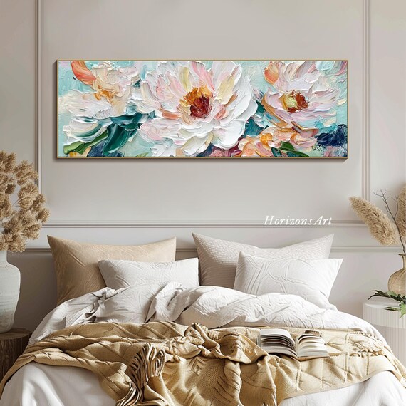 3D Horizontal Peony Textured Wall Art Large Long Wide Hand-Painted Floral Painting On Canvas Panoramic Elegant Flower Art Office Wall Decor