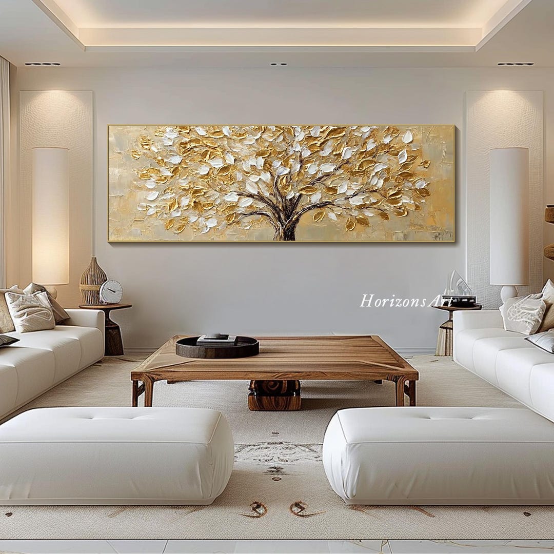 3D Horizontal Gold Tree Textured Wall Art Large Long Wide Abstract Tree ...