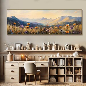 Stor lång bred målning av vildblommor på duk, horisontell 3D-målning med blommig textur, panoramautsikt över solnedgång och äng, väggkonst, heminredning bild 7