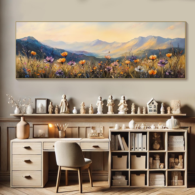 Stor lång bred målning av vildblommor på duk, horisontell 3D-målning med blommig textur, panoramautsikt över solnedgång och äng, väggkonst, heminredning bild 7