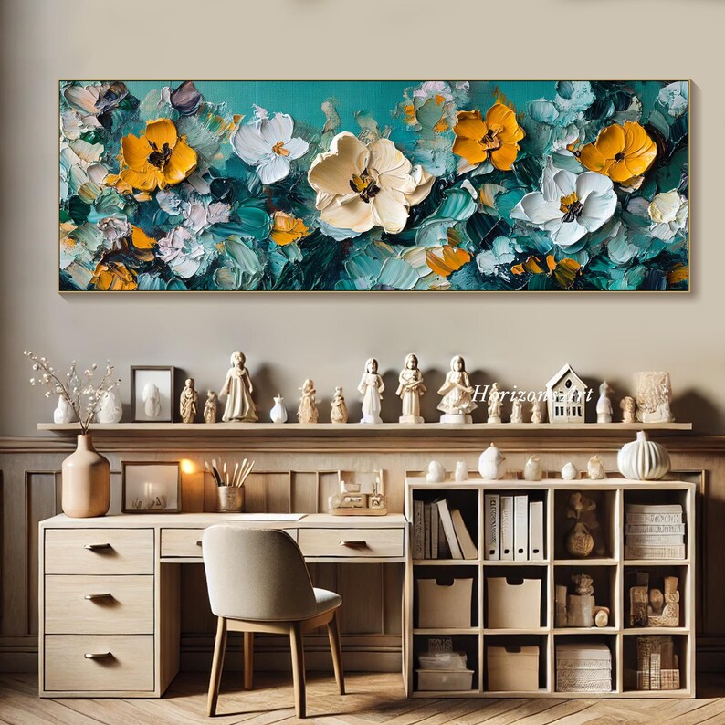 May include: Abstract painting of a floral bouquet with white and yellow flowers on a teal background. The painting has a textured, 3D effect.