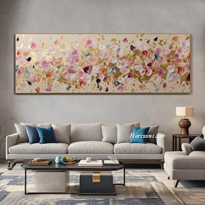 Abstract Floral Panoramic Textured Wall Art Pink and Gold Petals Painting On Canvas Impasto Painting Palette Knife Art Living Room Wall Art image 2