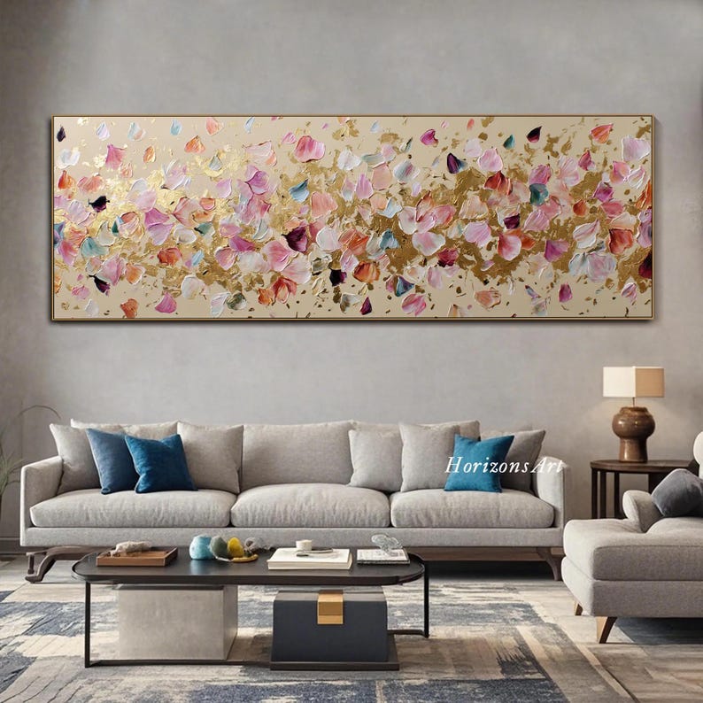Abstract Floral Panoramic Textured Wall Art Pink and Gold Petals Painting On Canvas Impasto Painting Palette Knife Art Living Room Wall Art image 2