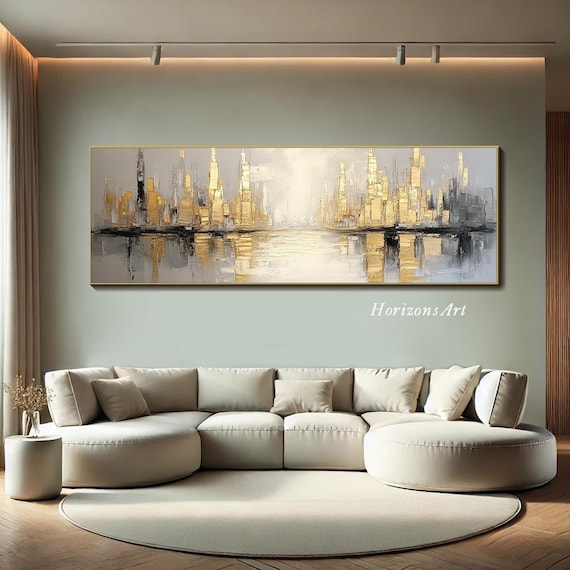 Gold White Cityscape Oil Painting on Canvas Modern Abstract Textured Skyline Wall Art Metallic Urban Landscape Canvas Large Living Room Art