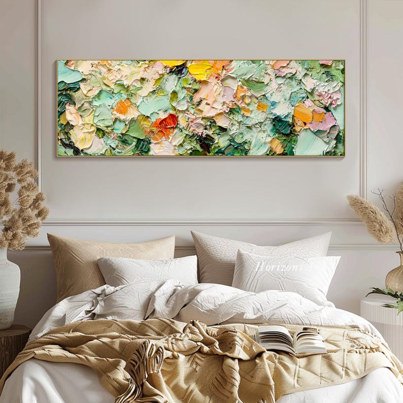 May include: Abstract painting with a textured, impasto style. The painting features a variety of colors, including green, yellow, orange, pink, and white. The painting is framed in a gold frame.