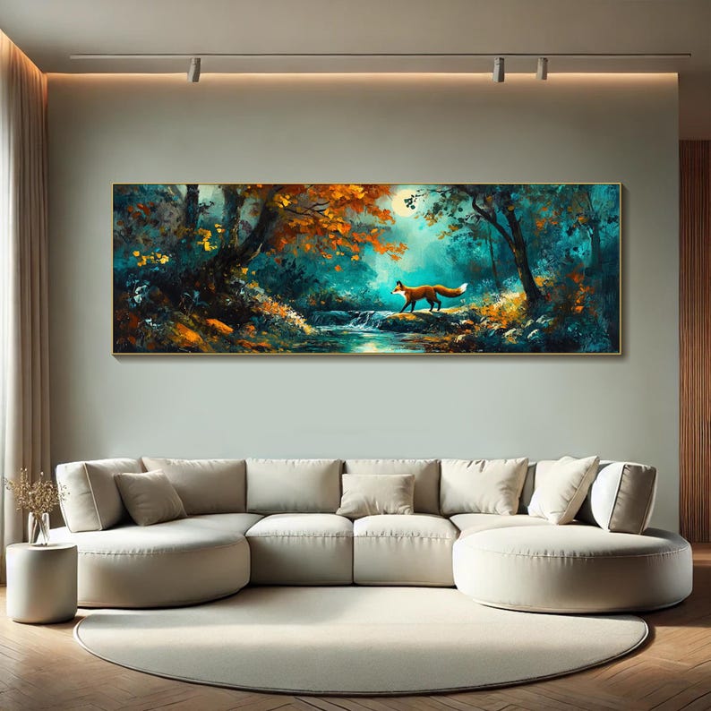 May include: A painting depicting a fox walking through a woodland setting with a stream in the background. The fox is orange and white and the woodland is a mix of green, blue, and brown.