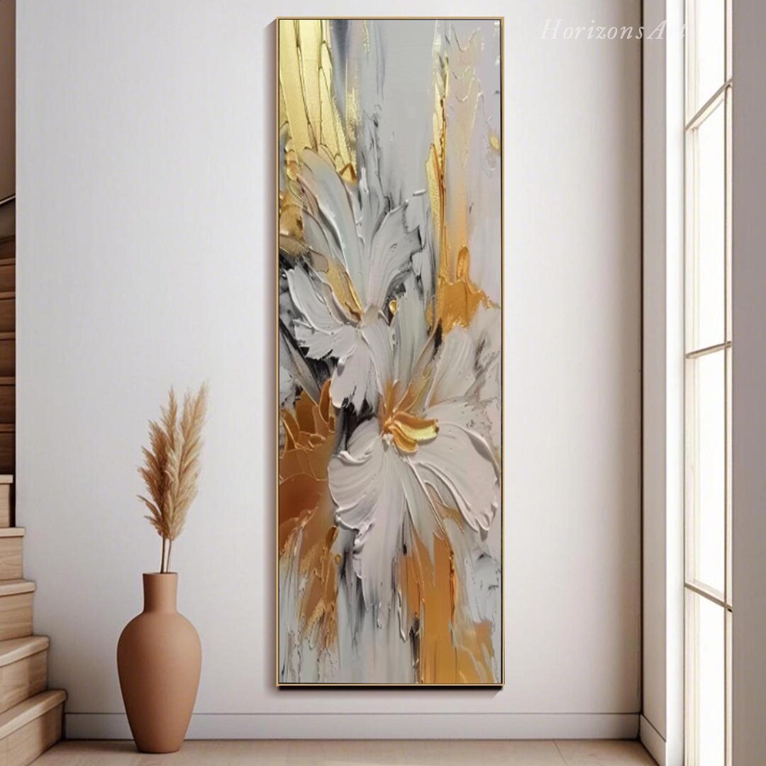 Abstract White Flower Gold Leaf Texture Wall Art Painting on Canvas ...