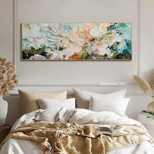3D Horizontal Turquoise Abstract Flower Textured Wall Art Large Long Wide Ocean Tones Floral Painting On Canvas Panoramic Impasto Wall Art image 3