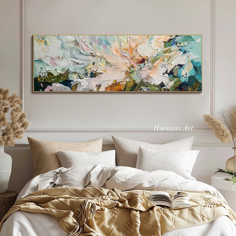 3D Horizontal Turquoise Abstract Flower Textured Wall Art Large Long Wide Ocean Tones Floral Painting On Canvas Panoramic Impasto Wall Art image 3