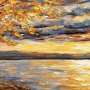 May include: A painting of a lake scene with a golden tree in the foreground. The sky is a mix of dark blue and orange, with a golden sunset reflecting on the water.
