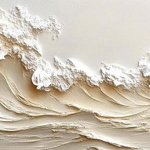 May include: A white textured painting depicting a wave crashing on the shore. The wave is made of raised paint, creating a 3D effect.