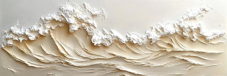 May include: A white textured painting depicting a wave crashing on the shore. The wave is made of raised paint, creating a 3D effect.