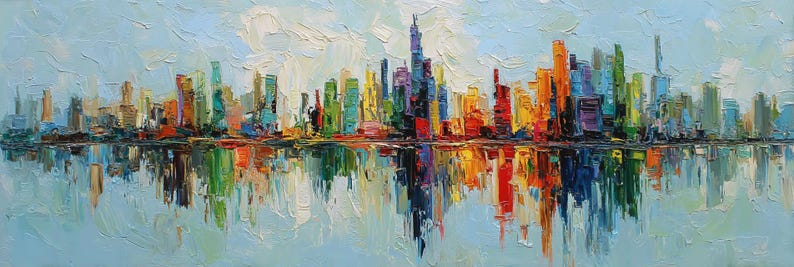 Large Long Wide Colorful City Skyline Panoramic Oil Painting Abstract ...