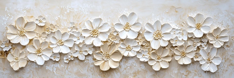 K&ouml;nnte beinhalten: Eine Wanddekoration mit einer Ansammlung von wei&szlig;en und goldenen 3D-Blumen mit einer strukturierten Oberfl&auml;che. Die Blumen sind in einer horizontalen Reihe angeordnet und vor einem hellbeigen Hintergrund platziert.