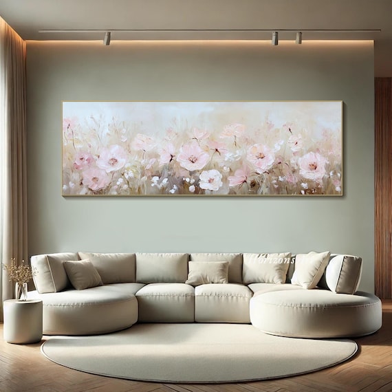 Large Long Wide Floral Field Painting On Canvas 3D Horizontal Wildflower Textured Wall Art Panoramic Neutral Tones Art Living Room Art