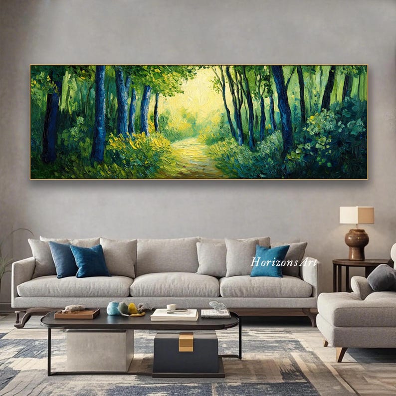 3D Horizontal Forest Path Oil Textured Wall Art Large Long Wide Green ...