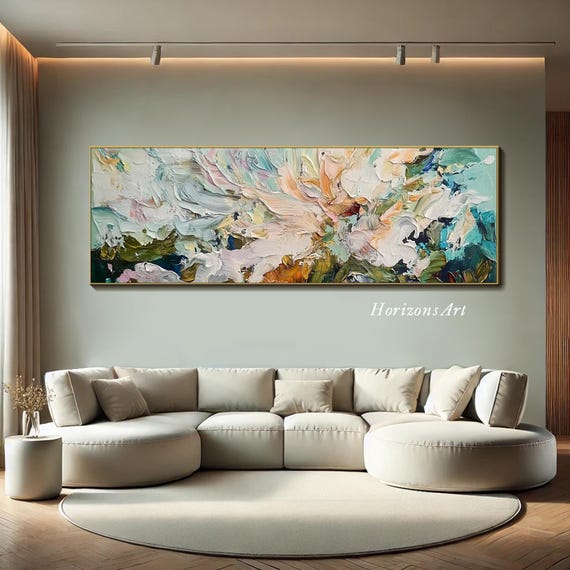 3D Horizontal Turquoise Abstract Flower Textured Wall Art Large Long Wide Ocean Tones Floral Painting On Canvas Panoramic Impasto Wall Art