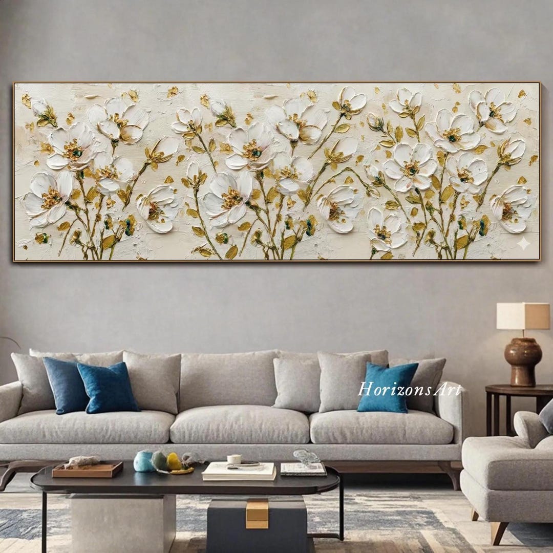Large White Gold Flower Texture Wall Art Painting on Canvas Living Room ...