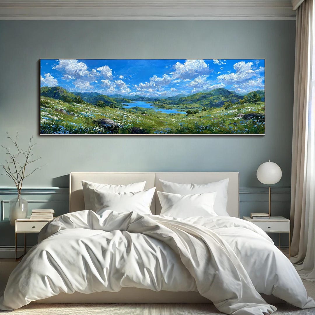 Blue Sky Landscape Painting on Canvas Mountain Lake Textured Wall Art ...