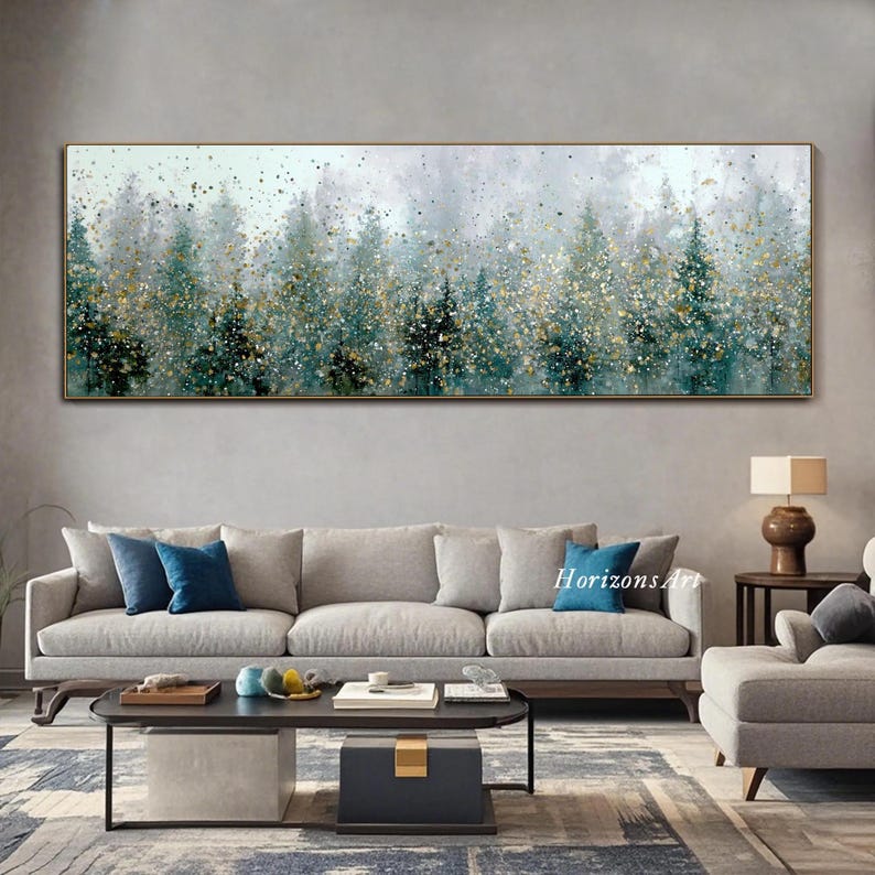 Abstract Forest Textured Wall Art Gold Splatter Landscape Painting on ...