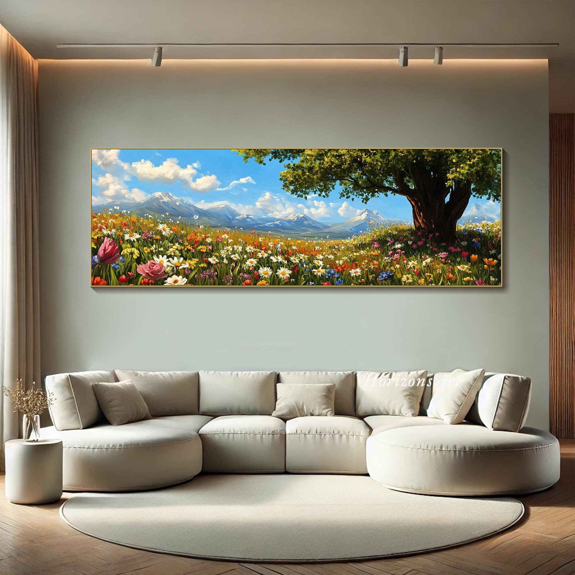 3D Horizontal Meadow Textured Wall Art Large Long Wide Wildflower Field Painting On Canvas Panoramic Tree & Flowers Art Living Room Art