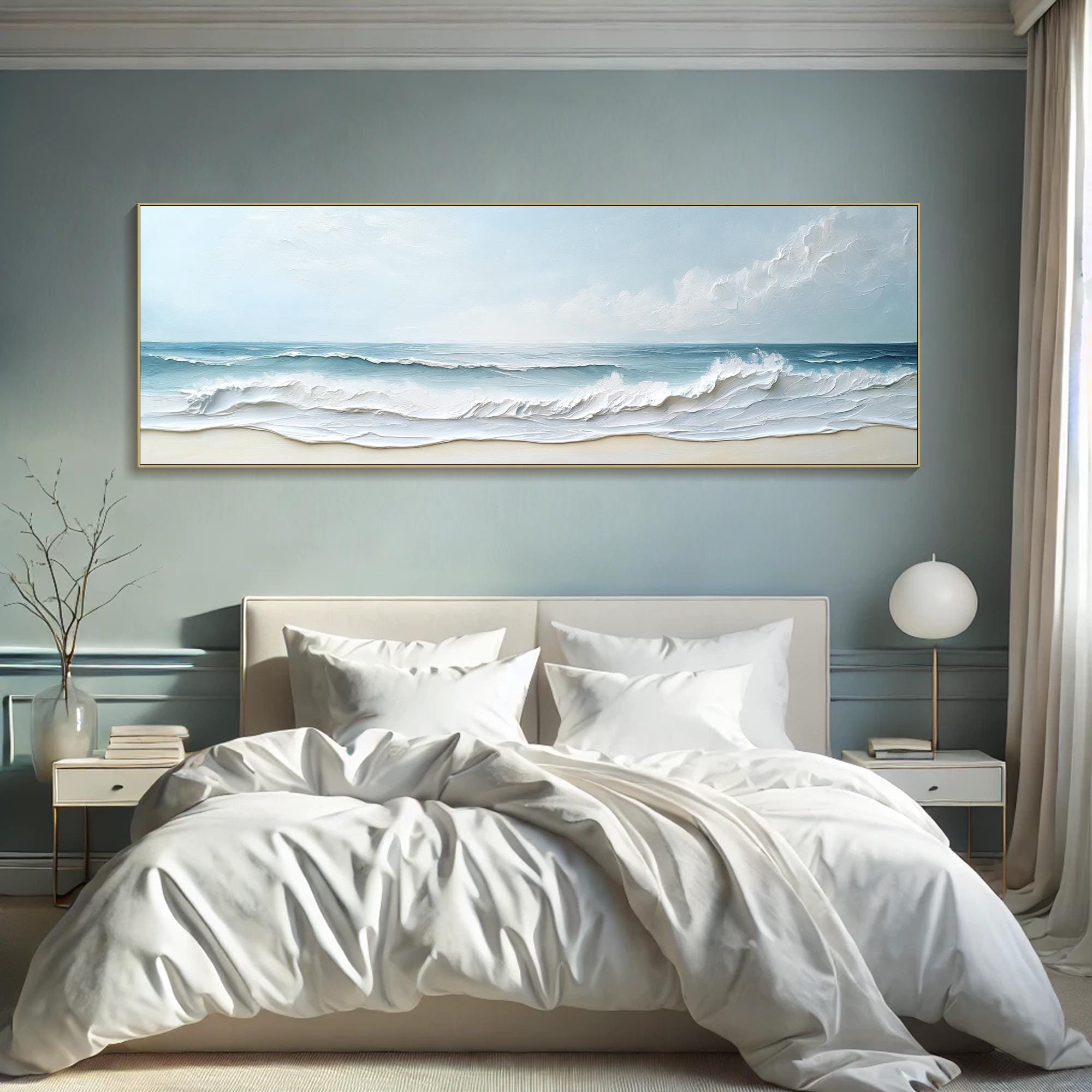 Horizontal 3D Textured Wall Art Large Long Wide Serene Ocean Wave Painting On Canvas Panoramic Coastal Beach Wall Art Sea View for Bedroom