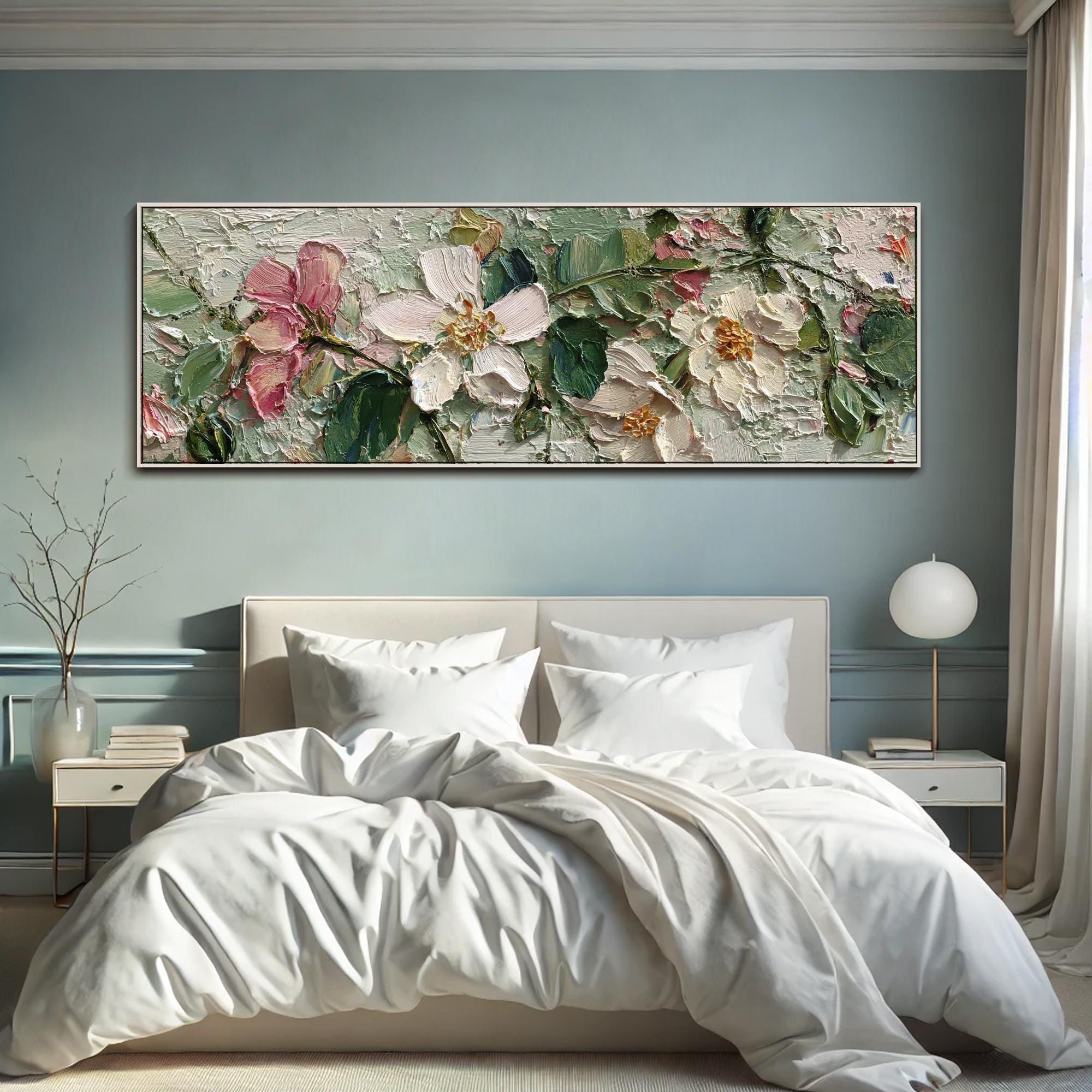 Pink White Floral Textured Wall Art Large Wildflower Oil Painting on ...
