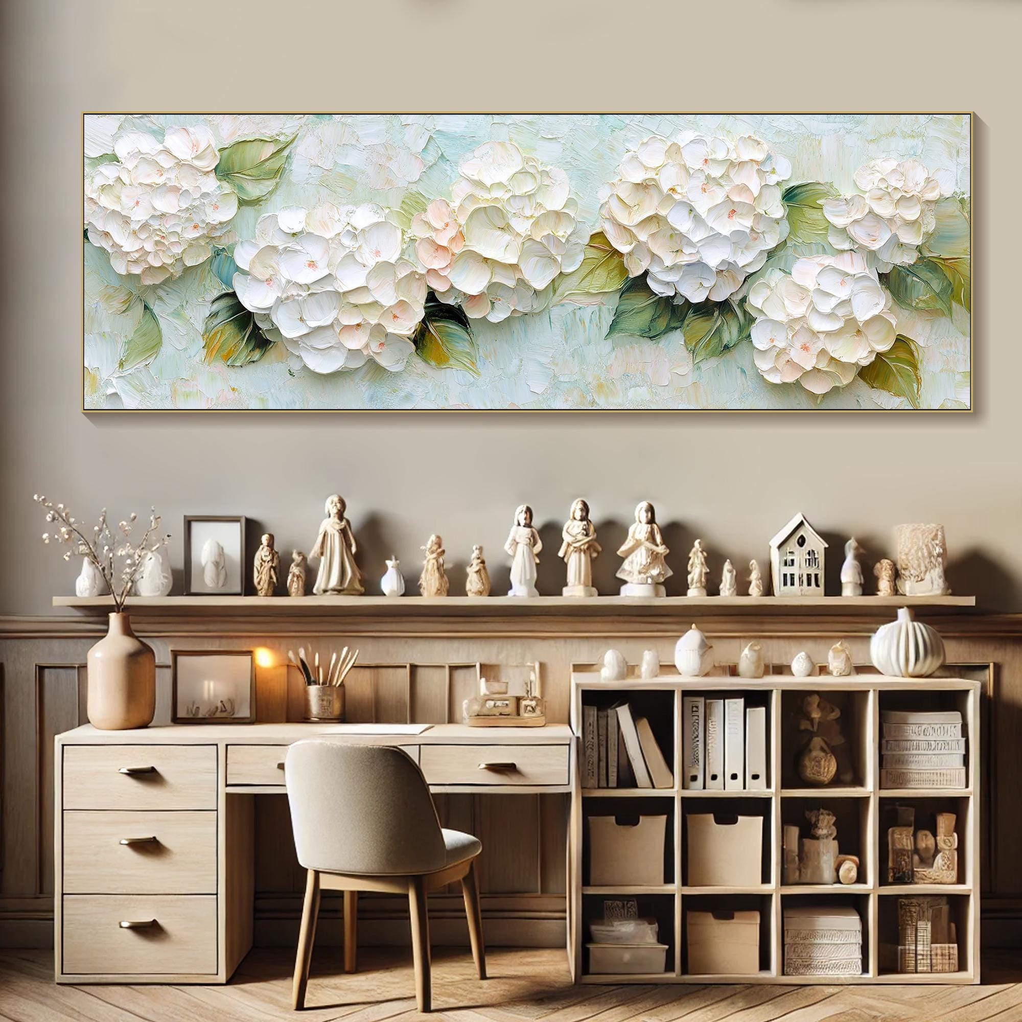 Wandbild Weiße Hortensien – Handgemalte Leinwand, 101,6 X 71,1 Cm, 3D-Struktur Für Wohnzimmer & Büro