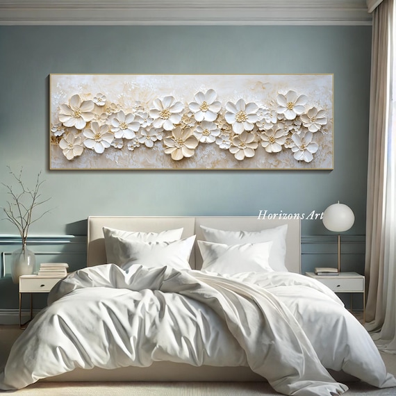 3D Textured Flower Wall Art Panoramic Floral Oil Painting on Canvas Large Neutral Botanical Art Extra Wide Hand-Painted Horizontal Decor