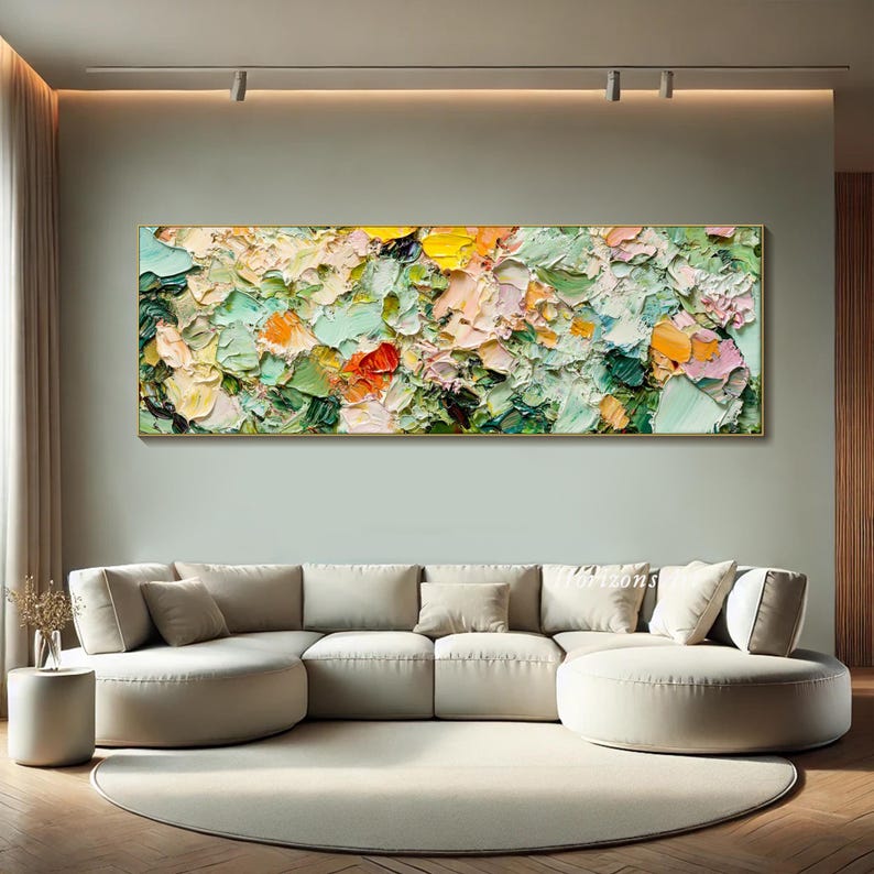 May include: Abstract painting with a textured, impasto style. The painting features a mix of green, yellow, pink, and orange colors. The painting is framed in a gold frame.