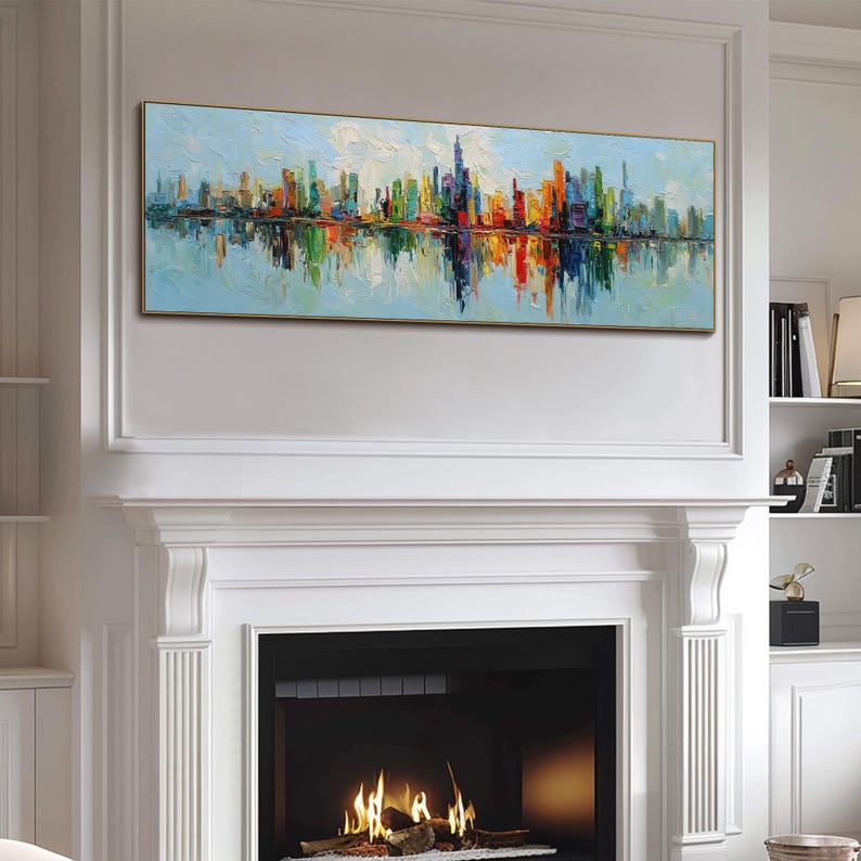 Large Long Wide Colorful City Skyline Panoramic Oil Painting Abstract ...