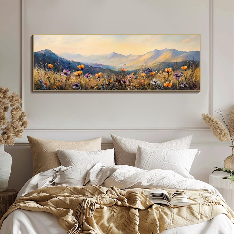 Stor lång bred målning av vildblommor på duk, horisontell 3D-målning med blommig textur, panoramautsikt över solnedgång och äng, väggkonst, heminredning bild 5