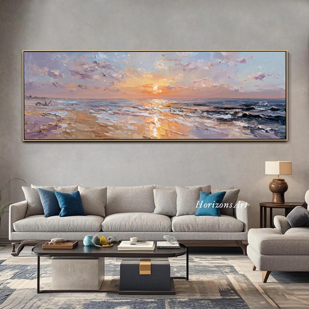 Pink Sunset Seascape Oil Painting on Canvas Ocean Waves Heavy Texture ...