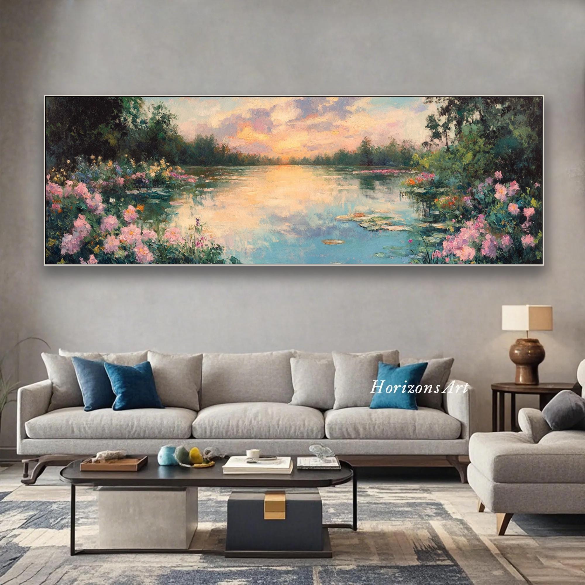 3D Horizontal Water Lily Textured Wall Art Large Long Wide Abstract Pond Painting On Canvas Panoramic Hand-Painted Lotus Flower Wall Art
