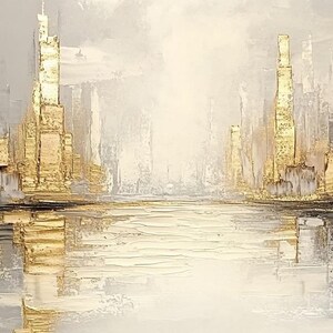 Puede incluir: Pintura abstracta de un paisaje urbano con acentos dorados y plateados. La ciudad se refleja en un cuerpo de agua en primer plano. La pintura tiene un estilo moderno y contempor&aacute;neo.