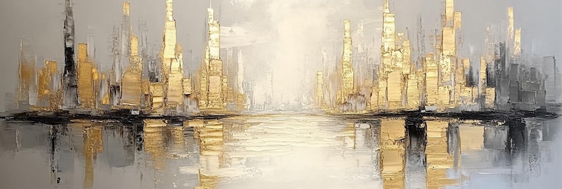 Puede incluir: Pintura abstracta de un paisaje urbano con acentos dorados y plateados. La ciudad se refleja en un cuerpo de agua en primer plano. La pintura tiene un estilo moderno y contempor&aacute;neo.