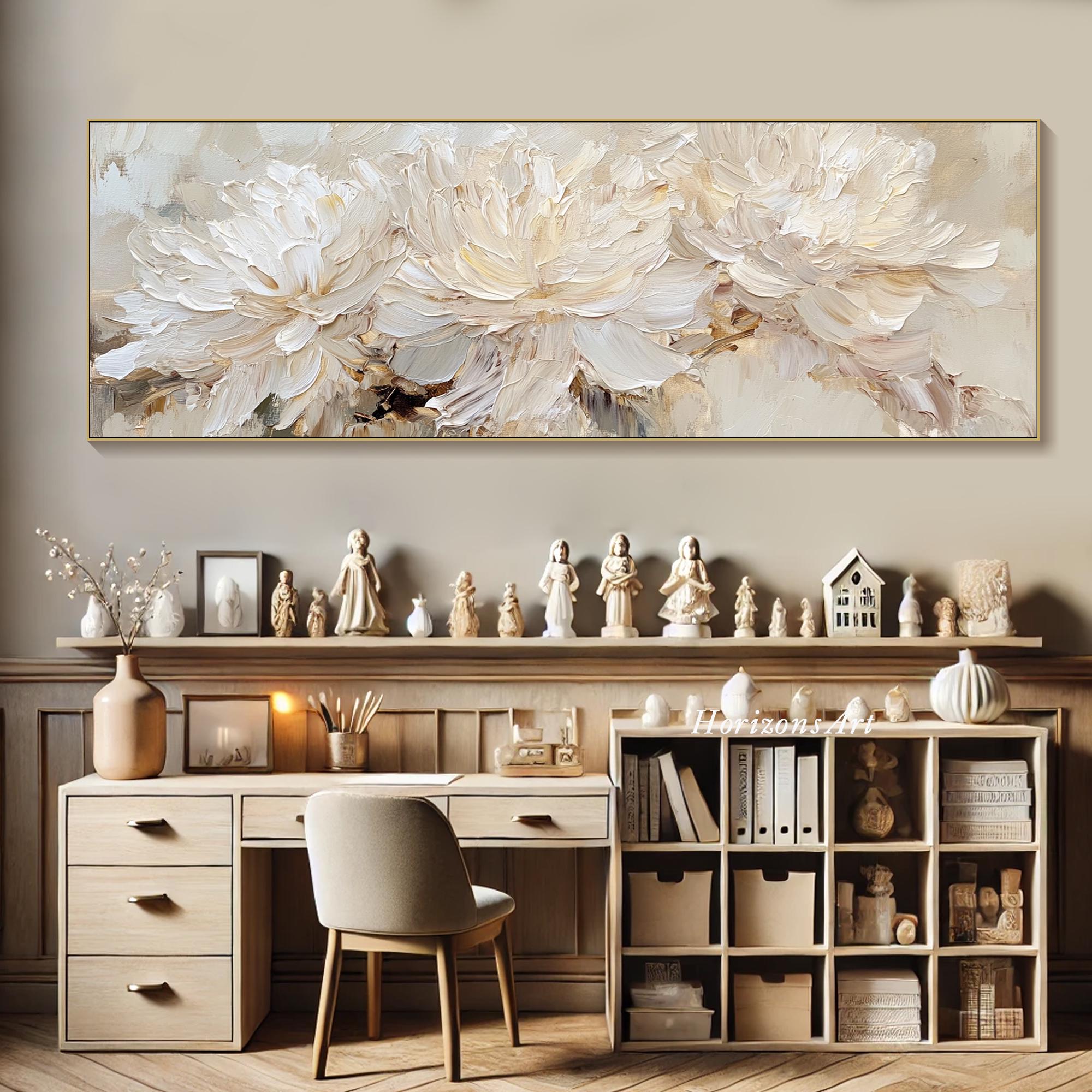 Large Long Wide Elegant Neutral Peony Painting on Canvas Horizontal ...