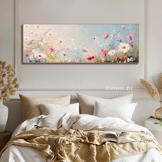 3D Horizontal Romantic Floral Textured Wall Art Large Long Wide Pastel Wildflower Painting On Canvas Panoramic Impressionist Meadow Wall Art