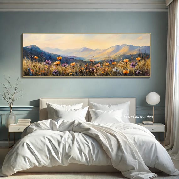 Large Long Wide Mountain Wildflower Painting On Canvas 3D Horizontal Floral Textured Wall Art Panoramic Sunset Meadow Wall Art Home Decor