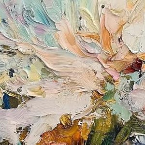 May include: Abstract painting with thick brushstrokes in shades of blue, green, white, and pink. The painting has a textured, layered look.