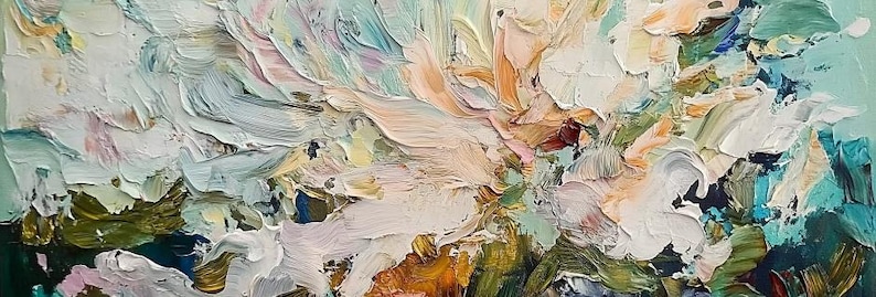 May include: Abstract painting with thick brushstrokes in shades of blue, green, white, and pink. The painting has a textured, layered look.