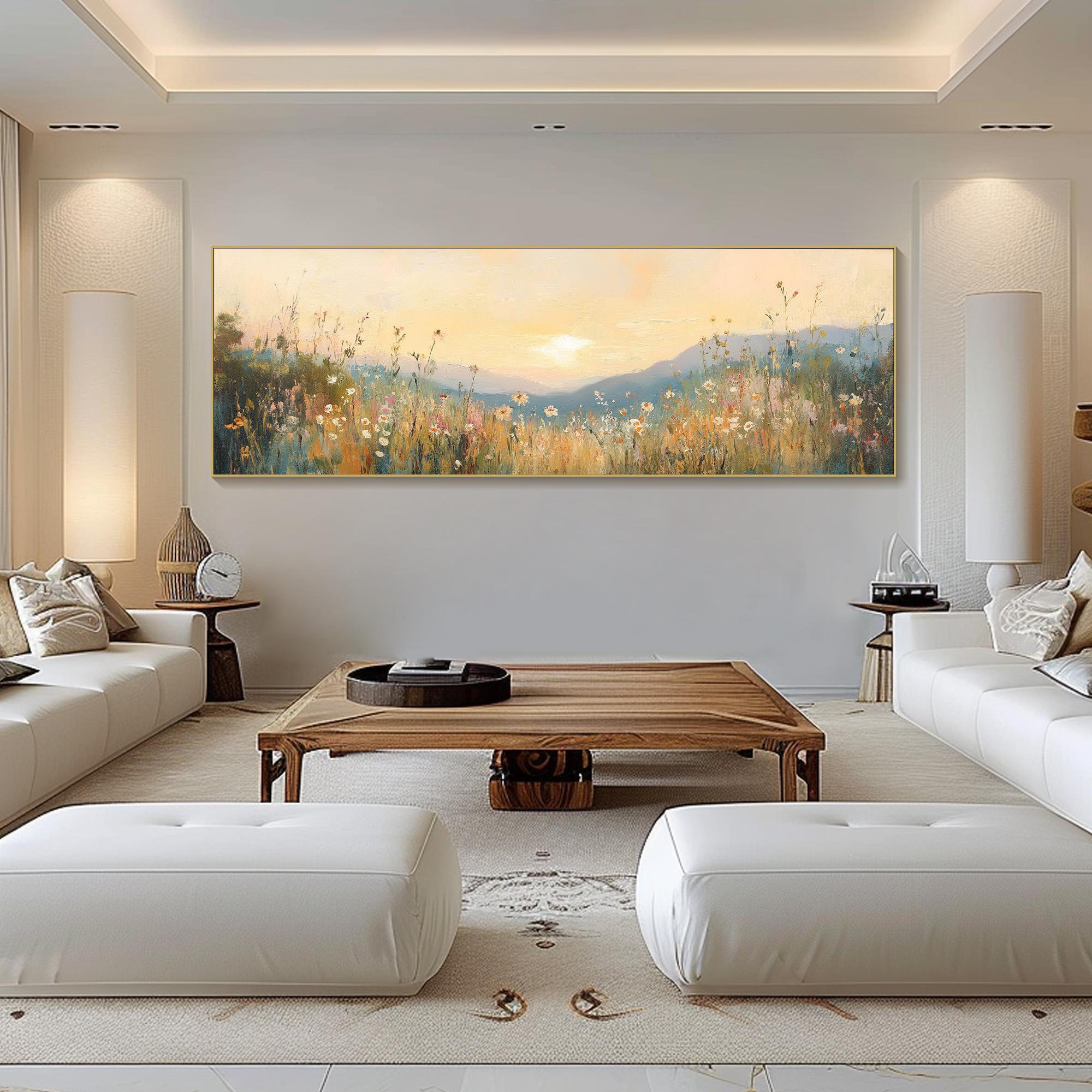 Horizontal 3D Textured Wall Art Large Long Wide Sunset Meadow Painting On Canvas Panoramic Wildflower Field Wall Art Living Room Wall Art