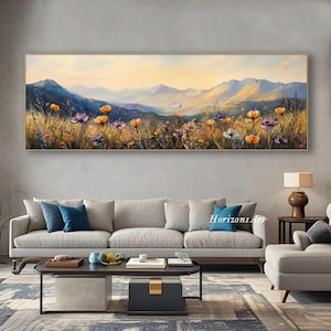 Stor lång bred målning av vildblommor på duk, horisontell 3D-målning med blommig textur, panoramautsikt över solnedgång och äng, väggkonst, heminredning bild 8