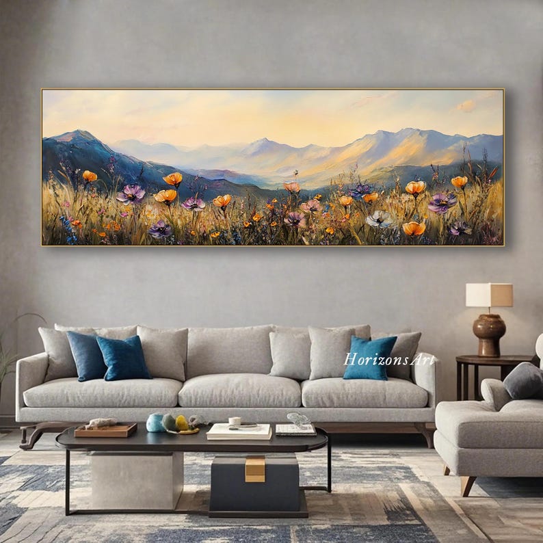 Stor lång bred målning av vildblommor på duk, horisontell 3D-målning med blommig textur, panoramautsikt över solnedgång och äng, väggkonst, heminredning bild 8